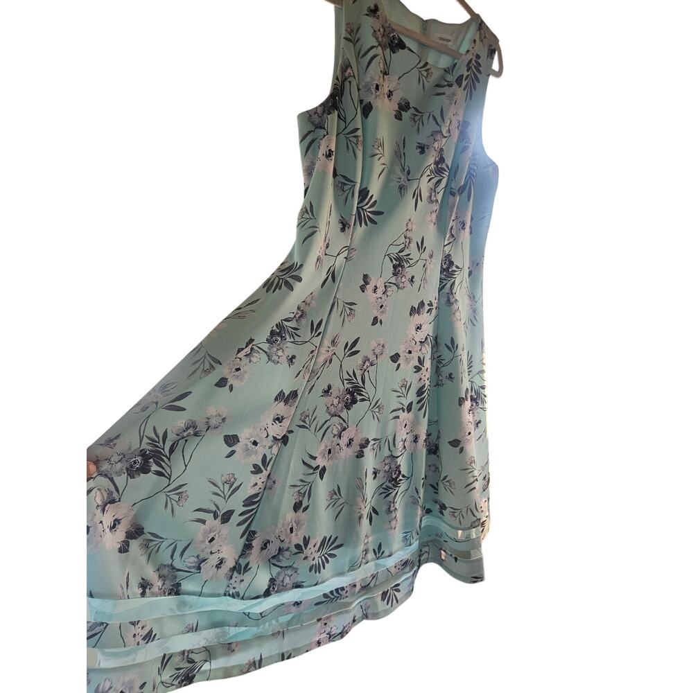 Calvin Klein Floral Aqua Blue Dress Sz 18 Fit Flare Fully lined Princess Seams - Picture 5 of 11